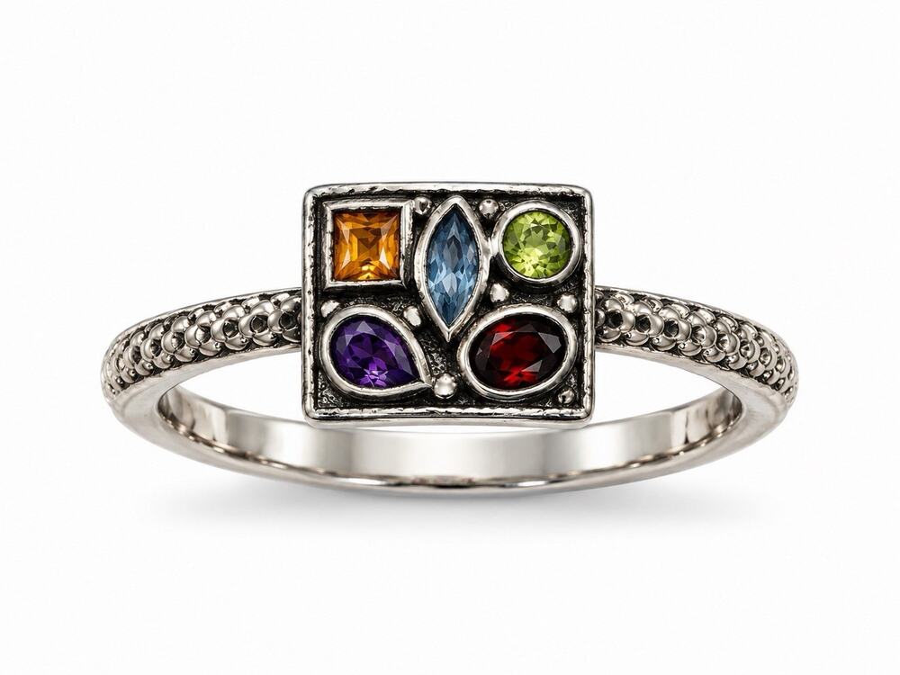 925 Sterling Silver Multi-Gemstone Cluster Ring Size 10